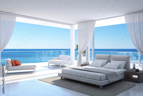modern bedroom with minimalistic design and great views out of the window, sleek cosy and warm © Martin