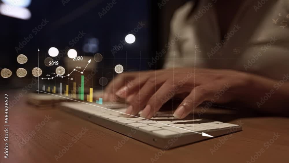 2024 Businesswoman analyzing company financial balance sheet working with digital virtual graphics Businessman calculating financial data for long term investment growth goals