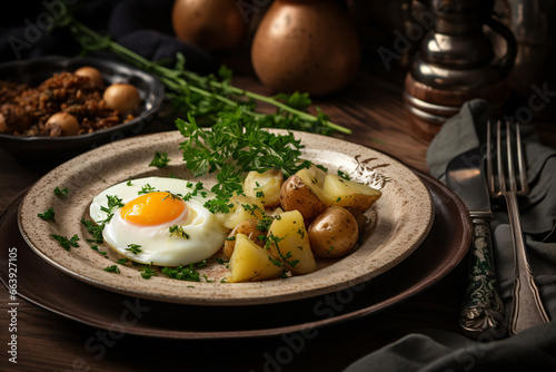 Fried Eggs and Potatoes on a Dining Table