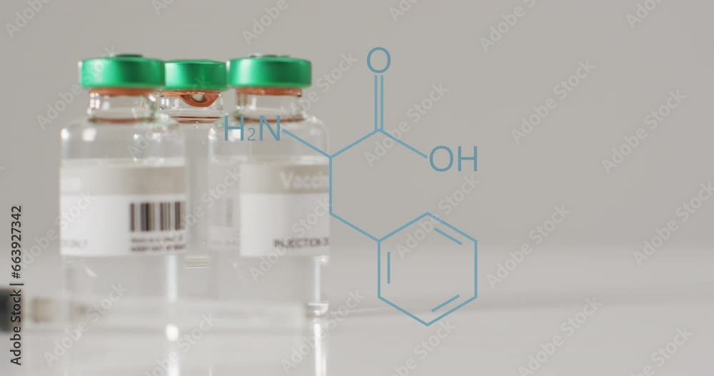Element structure diagram over syringe and vaccine vials on grey background Element structure diagram over syringe and vaccine vials on grey background
