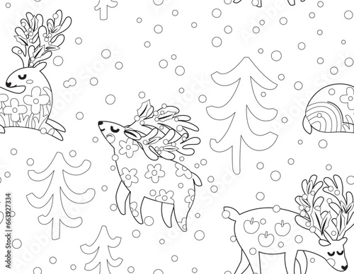 Seamless Christmas pattern with deers in the forest in outline