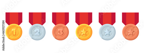 Gold, silver, and bronze medals with red ribbons and badges. Flat illustrations of medals for first, second, and third places photo