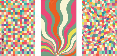 Collection of retro checkerboard backgrounds featuring vivid hues. A groovy and psychedelic chessboard pattern inspired by the 60s and 70s. Perfect for print templates, textiles, or as a vector wallpa