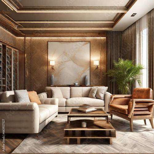 Interior design of a luxurious living room with velvet sofas,beautiful wallpaper and royal carpet lay on floor | Generative AI © CreativeCaptures