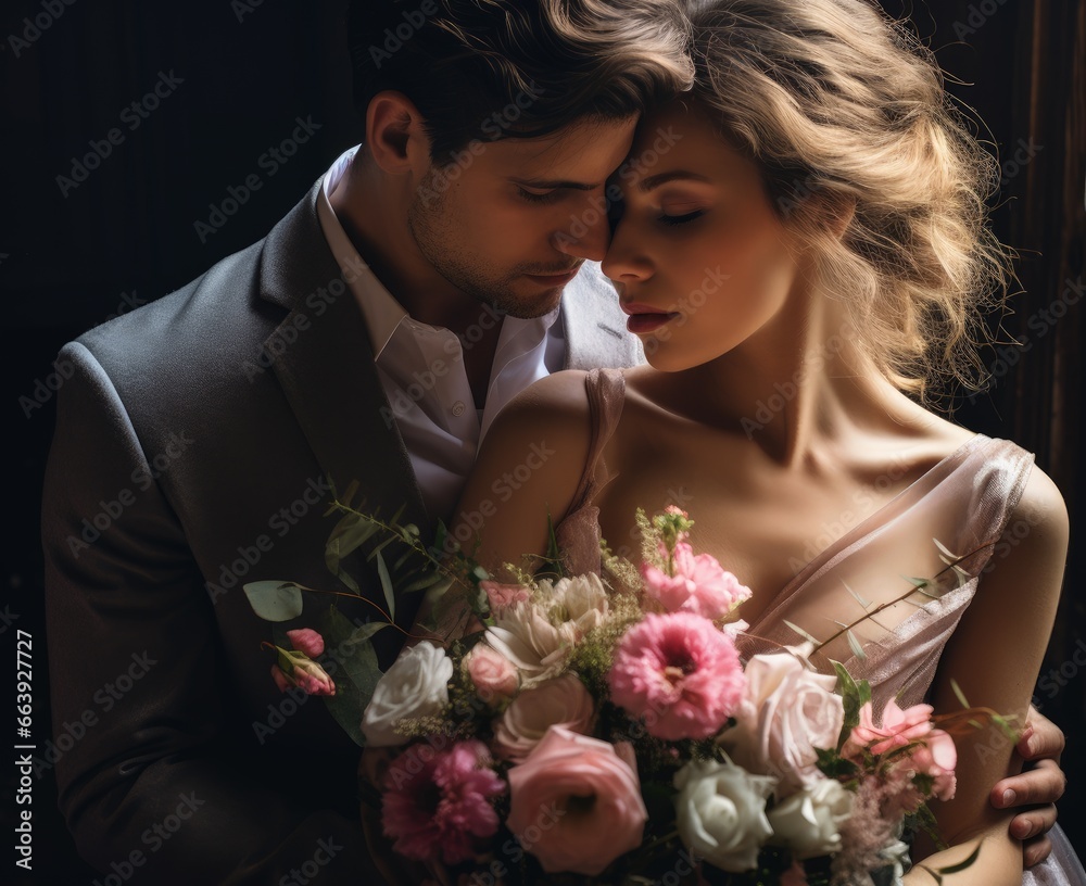 Newlywed couple in a dark room. Wedding Couple