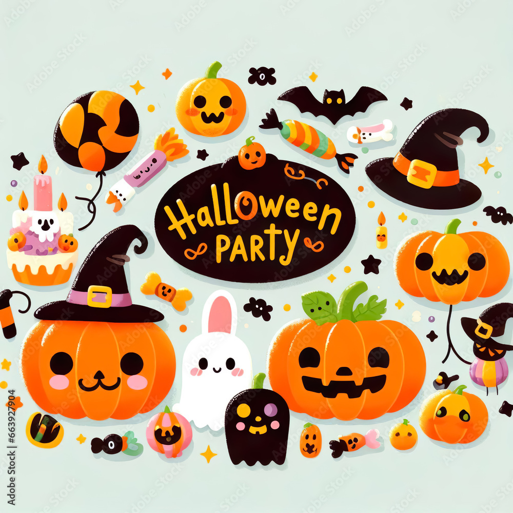 Bright Halloween Party invitation mockup. Adorable smiley pumpkins in witch hats, ghosts, candies and bats surround a Halloween party sign in the middle. Perfect for kids' parties