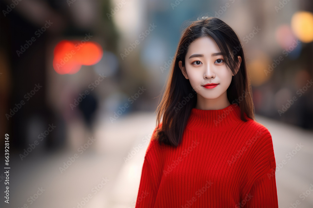 Fototapeta premium Beautiful Chinese Teen Girl Model Smiling At The Camera. Fashion Street Photography. Ai Generated 