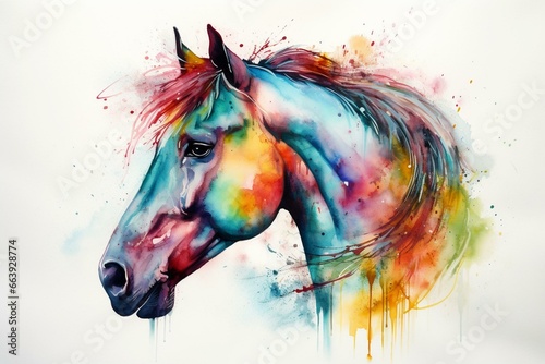Colorful abstract portrait of a beautiful Arabian horse, painted in watercolor and inspired by rainbows. Generative AI