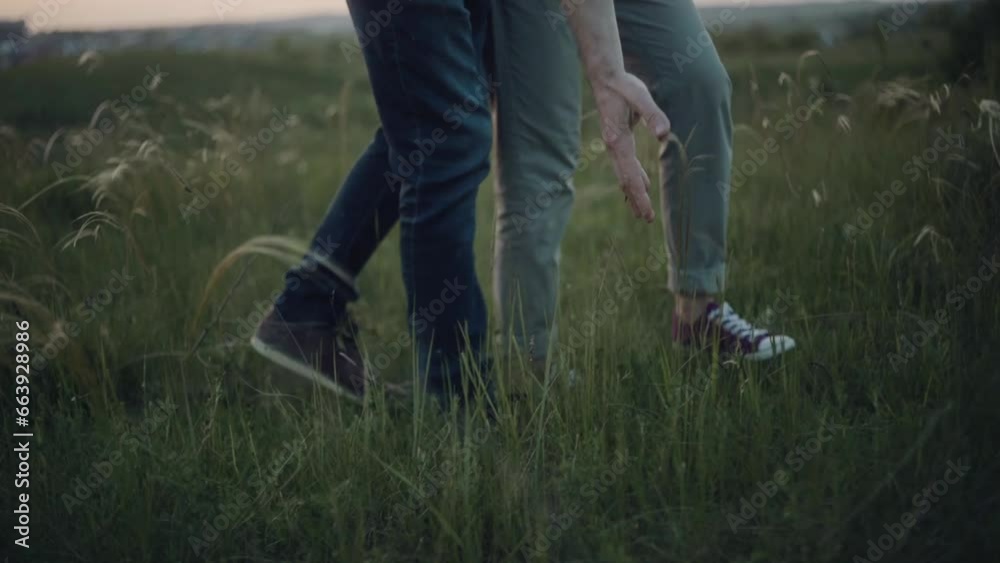 Close up, Legs of Young couple hugging and walking in summer field on sunset. Romantic slow motion footage. Close up, Legs of Young couple hugging and walking in summer field on sunset. Romantic slow motion footage.