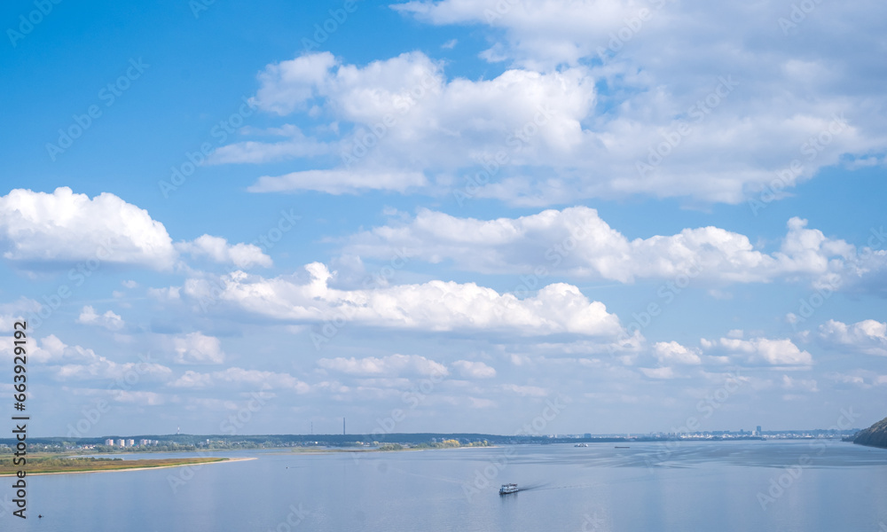 wide blue river and sky with clouds