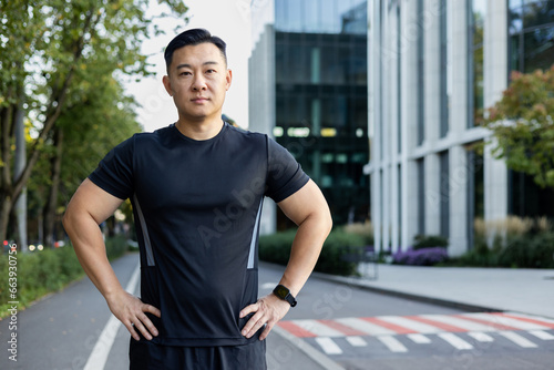 Portrait of a young serious man, Asian sportsman, runner and athlete standing in sportswear on a city street, holding his hands by his sides and looking at the camera