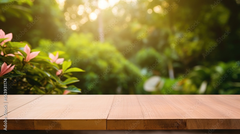 Empty Wooden surface for presentation with blurred garden and flowers background, mockup, Space for presentation product