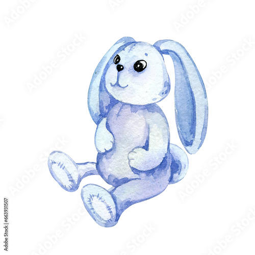 watercolor hand drawn sitting blue bunny toy  cute cartoon stuffed doll bunny  sketch of kid s sweet toy isolated on white background