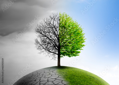 Baum mit einer kahlen und einer belaubten Seite