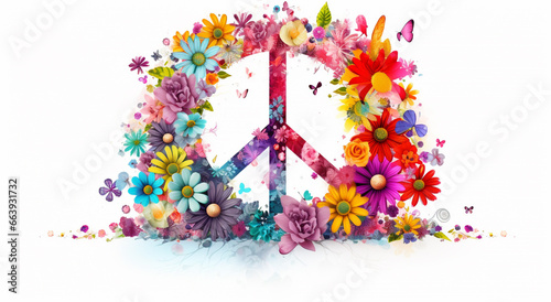 Um símbolo da paz todo enfeitado com flores super coloridas.