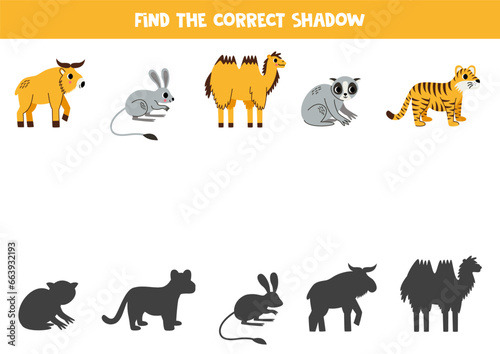 Find shadows of cute Asian animals. Educational logical game for kids.