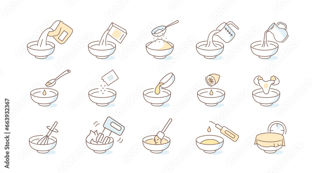 Preparation and cooking pastry dishes set. Basic baking supplies. Pour, add, mix ingredient for different recipes. Flat vector illustration isolated on white background. - obrazy, fototapety, plakaty 