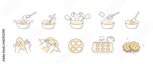 Baking cookies set. Basic butter cookie dough recipe. Pour, add, mix ingredient for holiday biscuits. Flat vector illustration isolated on white background. photo