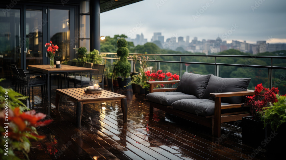 Rainy Day Aesthetics: Modern Balcony Minimalism - Fictional Place, Generative AI