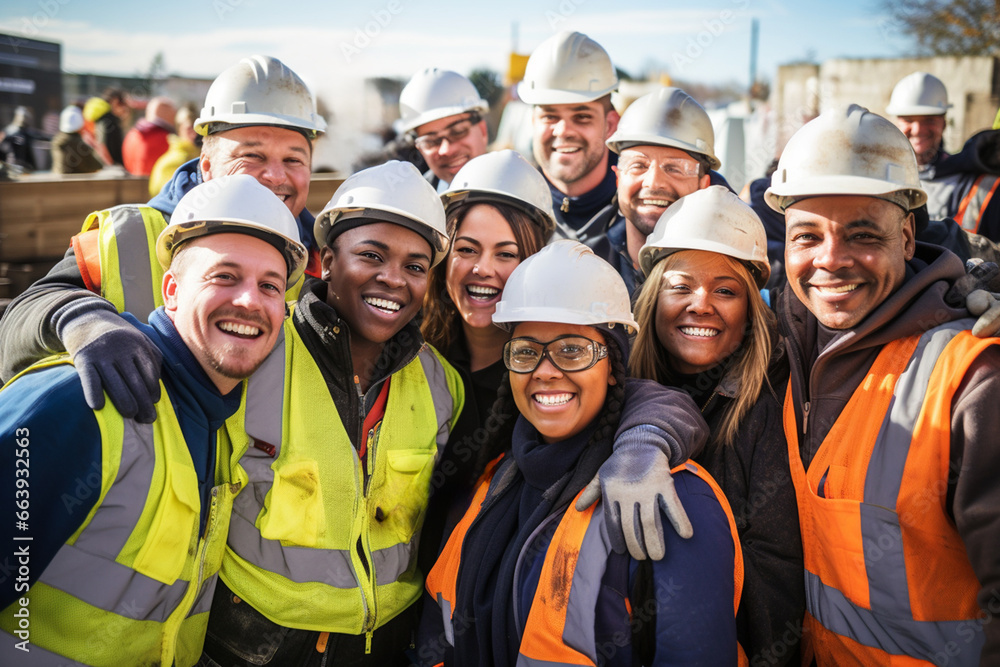 Group of male and female construction workers show unity at the construction site - obrazy, fototapety, plakaty 