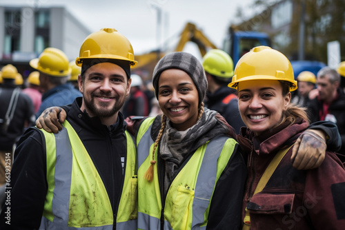 Group of male and female construction workers show unity at the construction site