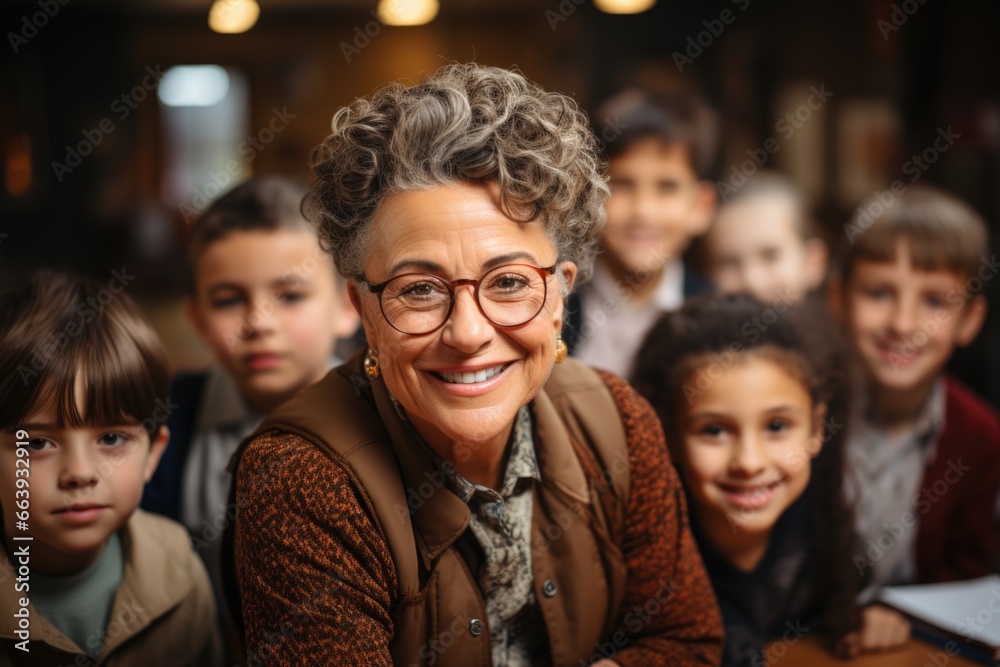 Elderly woman teacher with her students in an educational setting.