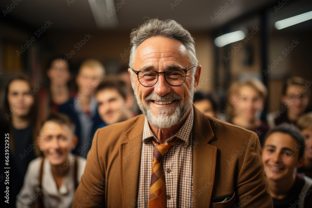 Elderly teacher in the midst of a group of children. Elderly teacher in the midst of a group of children.