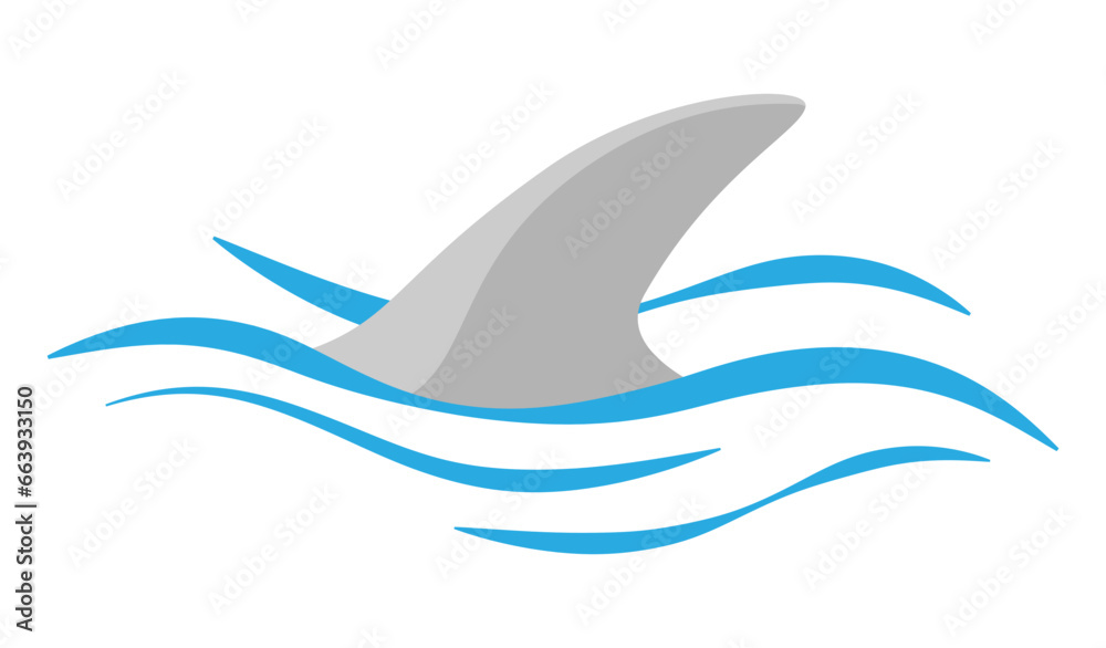 Shark fin silhouette and waves on white background. Vector illustration