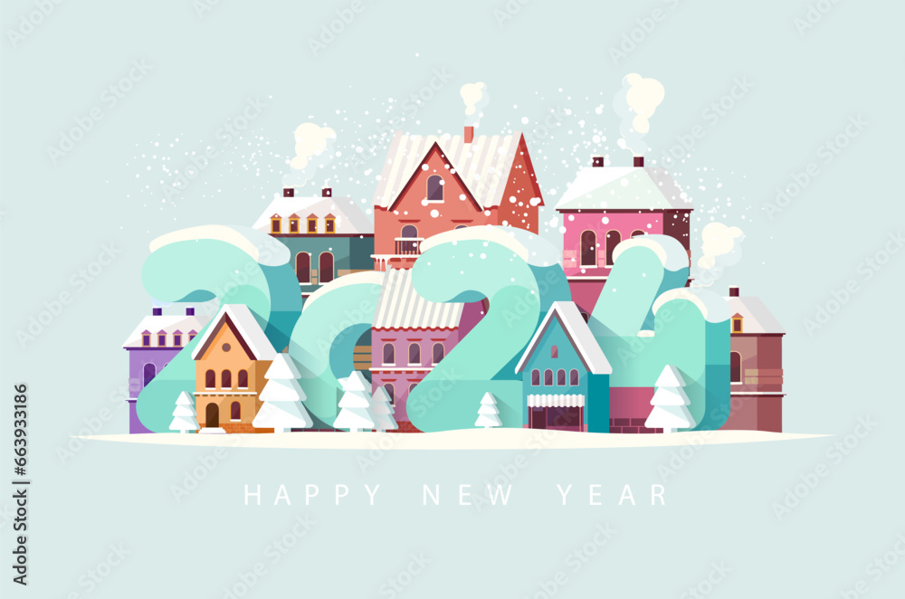 Happy New year 2024. Winter cityscape with big numbers. Christmas greeting card design.