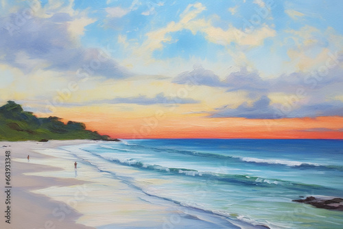 Golden Sunset on the Coastal Canvas: An Ocean's Serenade – A Stunning Beachscape Oil Painting