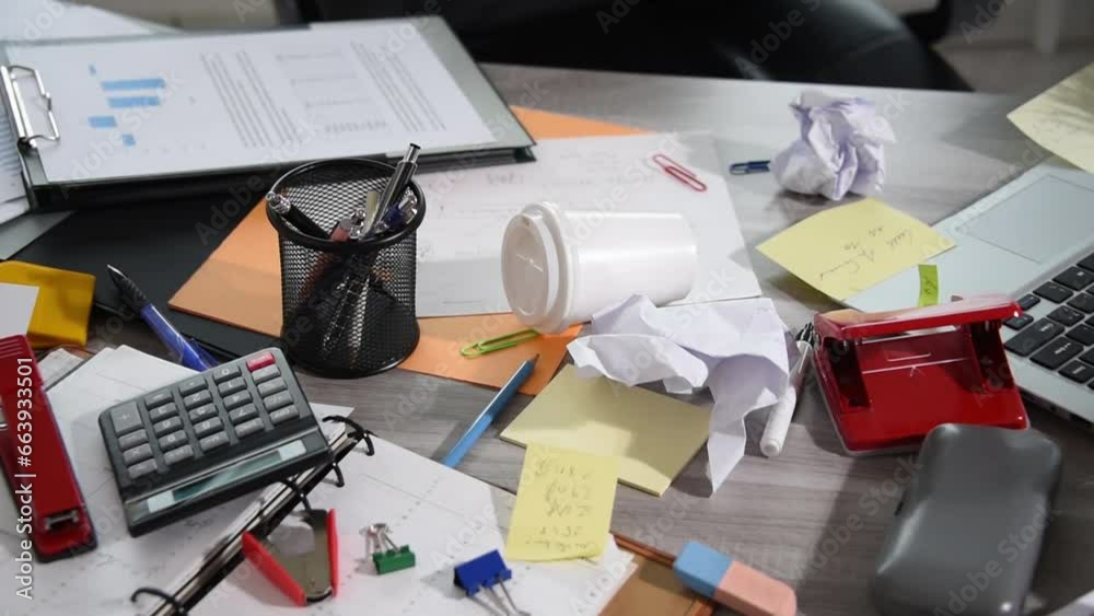 Messy and cluttered desk
