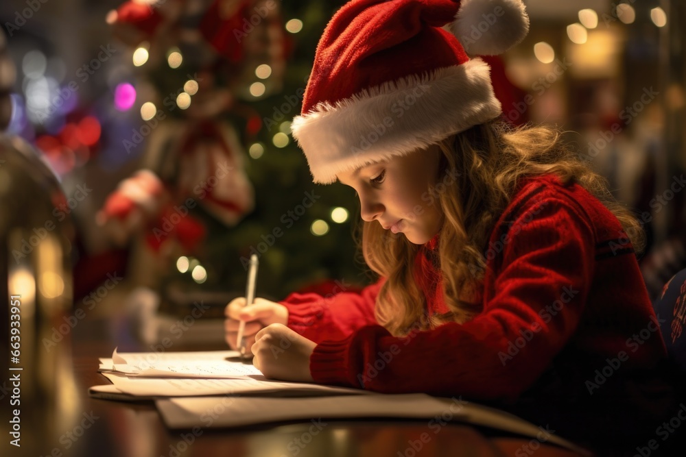 Little girl writing a letter to Santa Claus