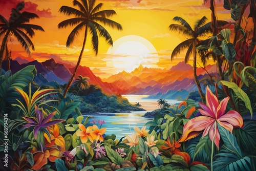 An image depicting a vibrant combination of different tropical elements and scenery. Generative AI