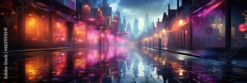 Electric Ambiance: Neon Signs Reflected in Rain-Slicked Streets as a Desktop Background.