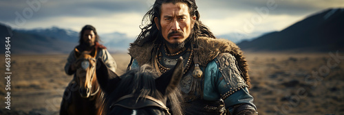 male warrior of Asian Kazakh in ancient historical armor with a horse in steppe of Asia