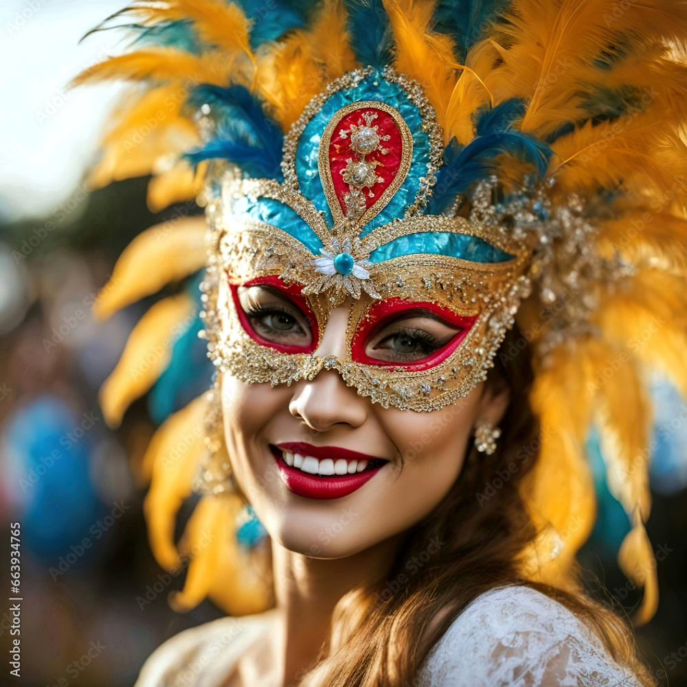 Close-up retrato mujer sonriendo con una máscara de carnaval 