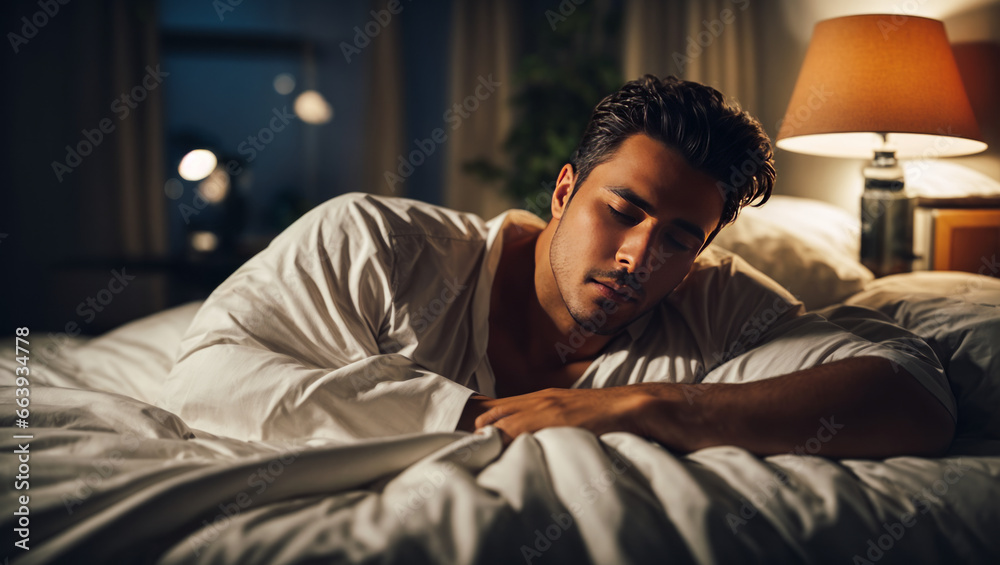 A young beautiful male with thick hair having trouble sleeping in bed, with low light in the room.