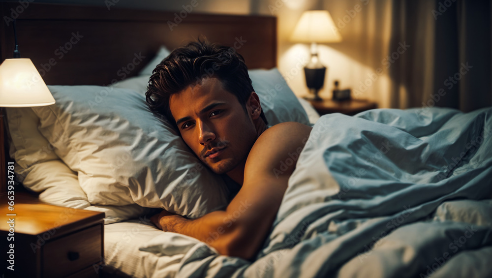 A young beautiful male with thick hair having trouble sleeping in bed, with low light in the room. A young beautiful male with thick hair having trouble sleeping in bed, with low light in the room.