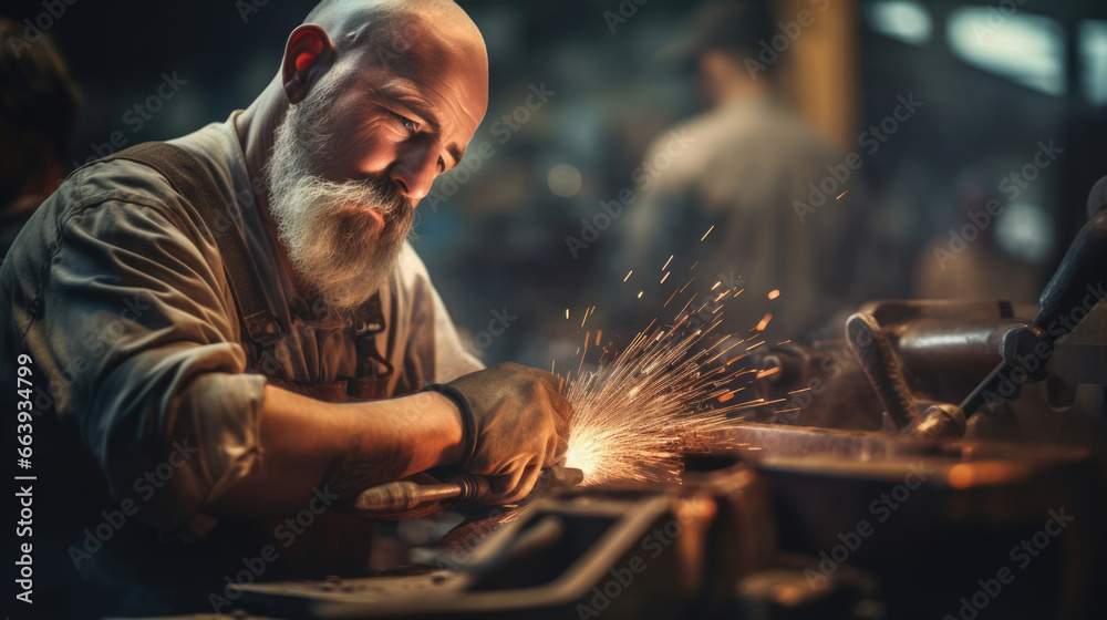 A foundry worker meticulously crafting metal, a true artisan A foundry worker meticulously crafting metal, a true artisan
