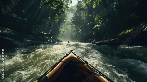 First-person view, a man canoes at high speed down a treacherous river in the jungle. Created with Generative Ai technology.