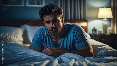 A young beautiful male with thick hair wearing a t-shirt having trouble sleeping in bed, with low light in the room.