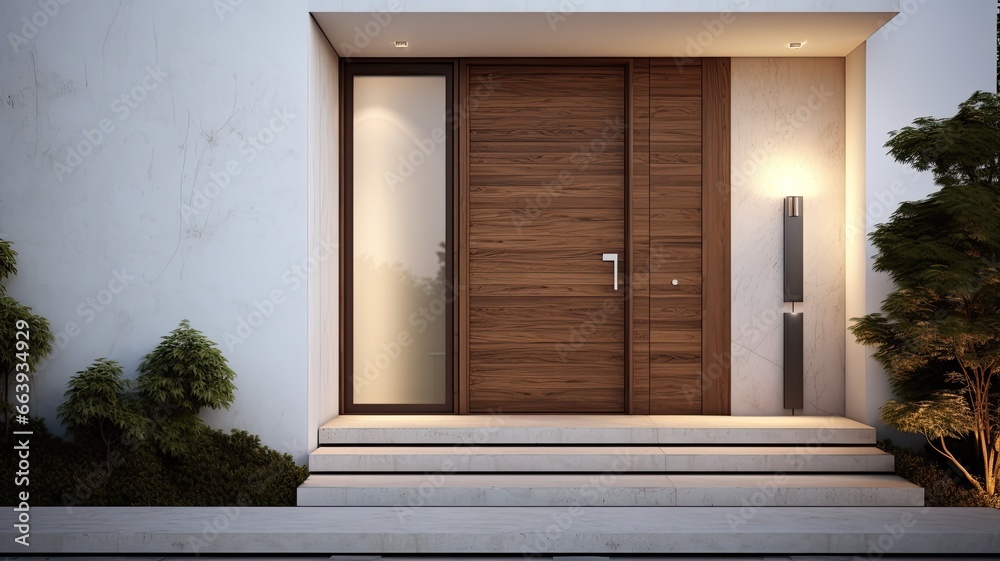 Clean entrance door by wooden with perfect matching white wall to make it homey. Generative AI Technology Clean entrance door by wooden with perfect matching white wall to make it homey. Generative AI Technology