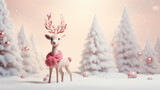 Christmas background with pink reindeer and snowflakes.