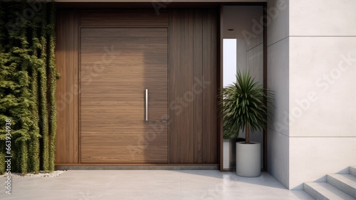 Clean entrance door by wooden with perfect matching white wall to make it homey. Generative AI Technology 