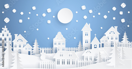 Merry Christmas card. Vector illustration. An invitation Xmas party was adorned with red and golden ornaments Paper cut city greeting card wished everyone Merry Christmas and prosperous New Year