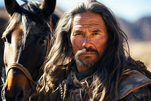 man warrior of an Asian Kazakh in ancient historical armor with a horse on background of mountains © alexkoral