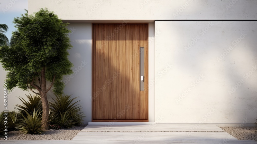 Clean entrance door by wooden with perfect matching white wall to make it homey. Generative AI Technology 