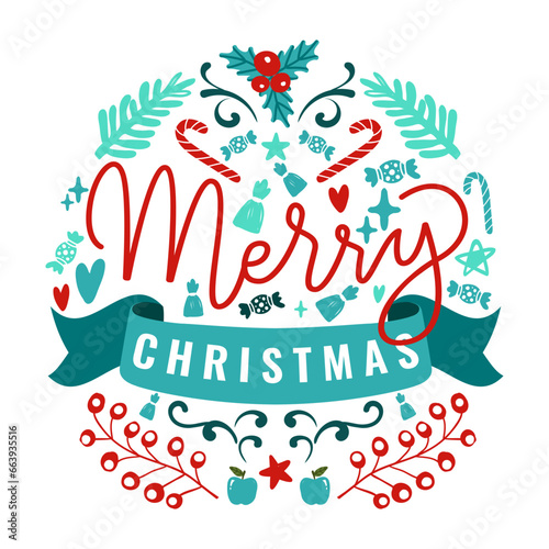 Merry Christmas card. Vector illustration. Happy holidays bring families together under Christmas tree A Merry Christmas metaphor often symbolizes warmth during winter cold Ornaments on tree tell