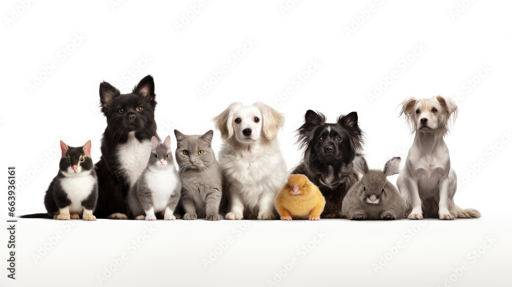 Group of pets in front of a white studio background. Isolated. Banner copy space. Ai generative