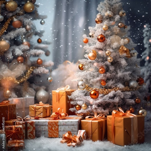 Wallpaper Mural Christmas gifts and trees composition with snow an decoration ornaments. White and orange colors.  Torontodigital.ca